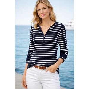 Ralph Lauren Size LG Nautical Striped Cotton Knit V-Neck Top Coastal Old Money